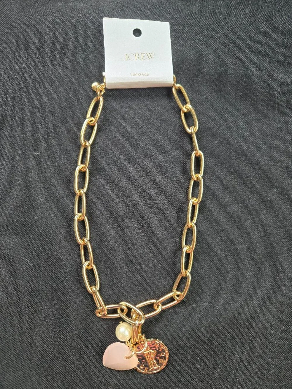 J.CREW Puffy Heart Pearl Coin Charms Gold Necklace, Retails $49.50 NWT!